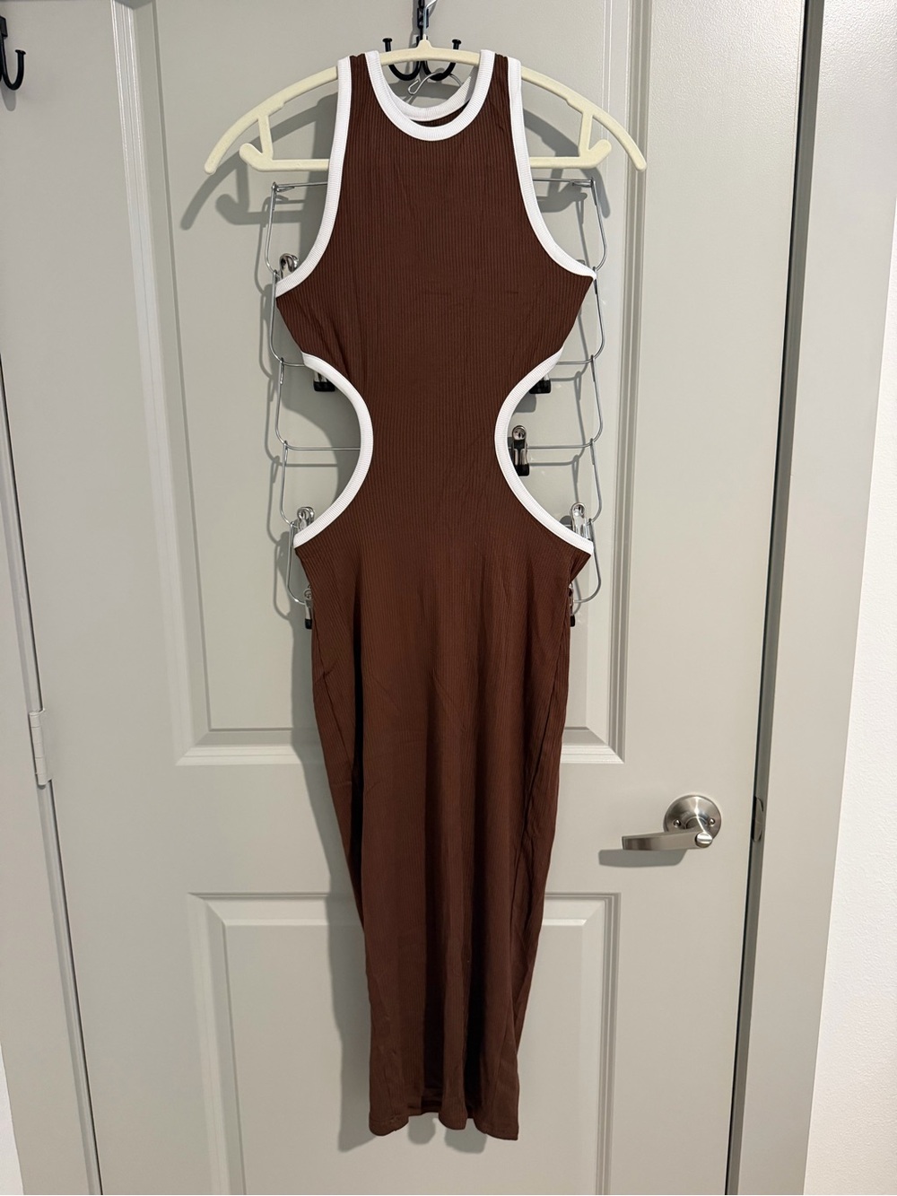 Brown Cutout Midi Dress with White Trim